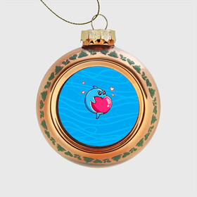 Стеклянный ёлочный шар с принтом Дельфин с сердечком в Курске, Стекло | Диаметр: 80 мм | dolphin | дельфин | дельфинчик | море | морские | на голубом | с дельфином | с сердцем | сердечко