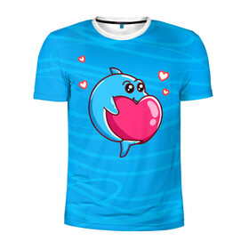 Мужская футболка 3D спортивная с принтом Дельфин с сердечком в Курске, 100% полиэстер с улучшенными характеристиками | приталенный силуэт, круглая горловина, широкие плечи, сужается к линии бедра | Тематика изображения на принте: dolphin | дельфин | дельфинчик | море | морские | на голубом | с дельфином | с сердцем | сердечко