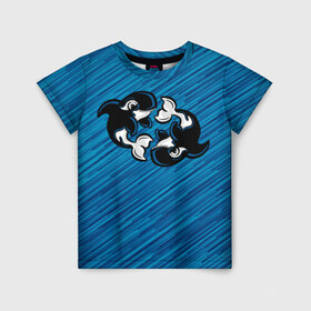 Детская футболка 3D с принтом Две косатки в Курске, 100% гипоаллергенный полиэфир | прямой крой, круглый вырез горловины, длина до линии бедер, чуть спущенное плечо, ткань немного тянется | whale | кит | косатка | косатки | на синем | с косатками