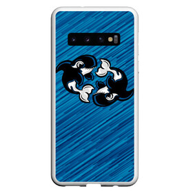 Чехол для Samsung Galaxy S10 с принтом Две косатки в Курске, Силикон | Область печати: задняя сторона чехла, без боковых панелей | Тематика изображения на принте: whale | кит | косатка | косатки | на синем | с косатками