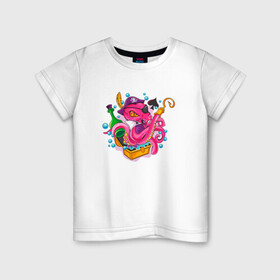 Детская футболка хлопок с принтом Осьминог пират в Курске, 100% хлопок | круглый вырез горловины, полуприлегающий силуэт, длина до линии бедер | cute | octopus | pirat | кракен | осьминог | осьминожка | пират | щупальца
