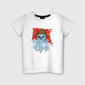 Детская футболка хлопок с принтом Осьминог в каске в Курске, 100% хлопок | круглый вырез горловины, полуприлегающий силуэт, длина до линии бедер | cute | octopus | pirat | в каске | кракен | осьминог | осьминожка | пират | скелет | череп | щупальца