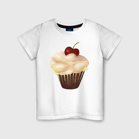 Детская футболка хлопок с принтом Cupcake with cherry art в Курске, 100% хлопок | круглый вырез горловины, полуприлегающий силуэт, длина до линии бедер | art | cherry | cooking | cupcake | vypichka | yummy | арт | вишня | вкусняшка | выпичка | кекс | кулинария