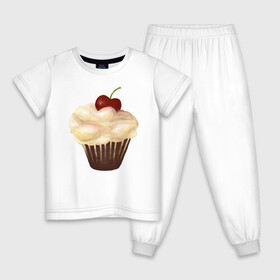 Детская пижама хлопок с принтом Cupcake with cherry art в Курске, 100% хлопок |  брюки и футболка прямого кроя, без карманов, на брюках мягкая резинка на поясе и по низу штанин
 | Тематика изображения на принте: art | cherry | cooking | cupcake | vypichka | yummy | арт | вишня | вкусняшка | выпичка | кекс | кулинария