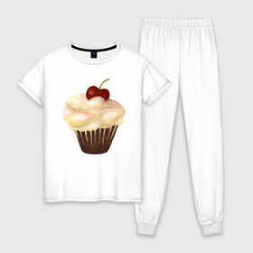 Женская пижама хлопок с принтом Cupcake with cherry art в Курске, 100% хлопок | брюки и футболка прямого кроя, без карманов, на брюках мягкая резинка на поясе и по низу штанин | Тематика изображения на принте: art | cherry | cooking | cupcake | vypichka | yummy | арт | вишня | вкусняшка | выпичка | кекс | кулинария