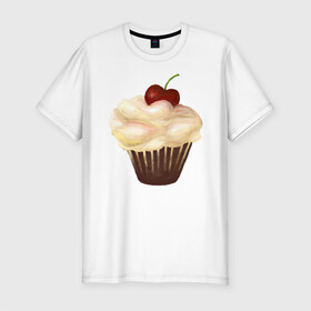 Мужская футболка хлопок Slim с принтом Cupcake with cherry art в Курске, 92% хлопок, 8% лайкра | приталенный силуэт, круглый вырез ворота, длина до линии бедра, короткий рукав | art | cherry | cooking | cupcake | vypichka | yummy | арт | вишня | вкусняшка | выпичка | кекс | кулинария