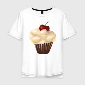 Мужская футболка хлопок Oversize с принтом Cupcake with cherry art в Курске, 100% хлопок | свободный крой, круглый ворот, “спинка” длиннее передней части | art | cherry | cooking | cupcake | vypichka | yummy | арт | вишня | вкусняшка | выпичка | кекс | кулинария