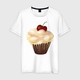 Мужская футболка хлопок с принтом Cupcake with cherry art в Курске, 100% хлопок | прямой крой, круглый вырез горловины, длина до линии бедер, слегка спущенное плечо. | Тематика изображения на принте: art | cherry | cooking | cupcake | vypichka | yummy | арт | вишня | вкусняшка | выпичка | кекс | кулинария