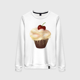 Женский свитшот хлопок с принтом Cupcake with cherry art в Курске, 100% хлопок | прямой крой, круглый вырез, на манжетах и по низу широкая трикотажная резинка  | art | cherry | cooking | cupcake | vypichka | yummy | арт | вишня | вкусняшка | выпичка | кекс | кулинария