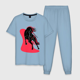 Мужская пижама хлопок с принтом ЧЕРНЫЙ ЕДИНОРОГ в Курске, 100% хлопок | брюки и футболка прямого кроя, без карманов, на брюках мягкая резинка на поясе и по низу штанин
 | evil unicorn | единорог | красное и белое | черный единорог