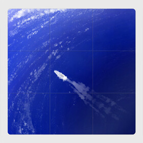 Магнитный плакат 3Х3 с принтом Катер и море в Курске, Полимерный материал с магнитным слоем | 9 деталей размером 9*9 см | арт | белый | иллюстрация | катер | море | плыть | принт | синий | фон