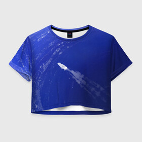 Женская футболка Crop-top 3D с принтом Катер и море в Курске, 100% полиэстер | круглая горловина, длина футболки до линии талии, рукава с отворотами | арт | белый | иллюстрация | катер | море | плыть | принт | синий | фон