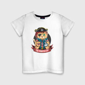 Детская футболка хлопок с принтом Кот пират в Курске, 100% хлопок | круглый вырез горловины, полуприлегающий силуэт, длина до линии бедер | captain | cat | pirate | pirates | skull | капитан | кот | пират | череп