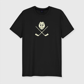 Мужская футболка хлопок Slim с принтом Маска в Курске, 92% хлопок, 8% лайкра | приталенный силуэт, круглый вырез ворота, длина до линии бедра, короткий рукав | hockey | pixel art | вратарь | клюшки | пиксель арт | хоккей | хоккейная маска