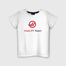 Детская футболка хлопок с принтом Haas F1 Team в Курске, 100% хлопок | круглый вырез горловины, полуприлегающий силуэт, длина до линии бедер | Тематика изображения на принте: f1 | haas | грожан | магнуссен | мазепин | ф1 | феррари | формула 1 | хаас