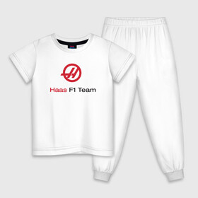 Детская пижама хлопок с принтом Haas F1 Team в Курске, 100% хлопок |  брюки и футболка прямого кроя, без карманов, на брюках мягкая резинка на поясе и по низу штанин
 | Тематика изображения на принте: f1 | haas | грожан | магнуссен | мазепин | ф1 | феррари | формула 1 | хаас