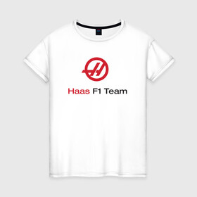 Женская футболка хлопок с принтом Haas F1 Team в Курске, 100% хлопок | прямой крой, круглый вырез горловины, длина до линии бедер, слегка спущенное плечо | f1 | haas | грожан | магнуссен | мазепин | ф1 | феррари | формула 1 | хаас