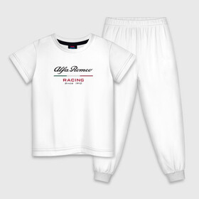 Детская пижама хлопок с принтом Alfa Romeo F1 Team в Курске, 100% хлопок |  брюки и футболка прямого кроя, без карманов, на брюках мягкая резинка на поясе и по низу штанин
 | Тематика изображения на принте: alfa romeo | f1 | formula 1 | team | альфе ромео | антонио джовинации | кими райкконен | логотип | ф1 | формула 1