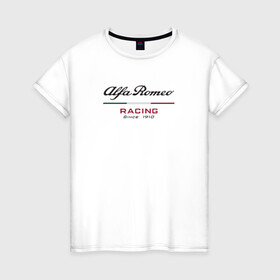 Женская футболка хлопок с принтом Alfa Romeo F1 Team в Курске, 100% хлопок | прямой крой, круглый вырез горловины, длина до линии бедер, слегка спущенное плечо | alfa romeo | f1 | formula 1 | team | альфе ромео | антонио джовинации | кими райкконен | логотип | ф1 | формула 1
