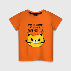 Детская футболка хлопок с принтом Планета кошек в Курске, 100% хлопок | круглый вырез горловины, полуприлегающий силуэт, длина до линии бедер | cat | cats | funny | kitten | kitty | meow | pet | welcome to my world | кот | котик | коты | кошачья | кошка | кошки | планета