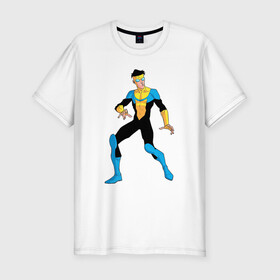 Мужская футболка хлопок Slim с принтом Неуязвимый (Invincible) в Курске, 92% хлопок, 8% лайкра | приталенный силуэт, круглый вырез ворота, длина до линии бедра, короткий рукав | damien darkblood | invincible | superman | марк грэйсон | мультсериал | неуязвимый | супергерой