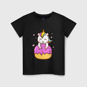 Детская футболка хлопок с принтом Милый единорог с пончиком в Курске, 100% хлопок | круглый вырез горловины, полуприлегающий силуэт, длина до линии бедер | Тематика изображения на принте: cute | funny | pony | rainbow | unicorn | единорог | единорожка | милый | пони | пончик | радуга