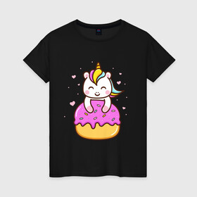 Женская футболка хлопок с принтом Милый единорог с пончиком в Курске, 100% хлопок | прямой крой, круглый вырез горловины, длина до линии бедер, слегка спущенное плечо | cute | funny | pony | rainbow | unicorn | единорог | единорожка | милый | пони | пончик | радуга