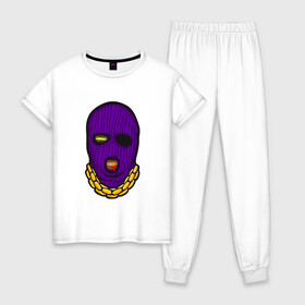 Женская пижама хлопок с принтом DaBaby Purple Mask в Курске, 100% хлопок | брюки и футболка прямого кроя, без карманов, на брюках мягкая резинка на поясе и по низу штанин | Тематика изображения на принте: gangster | golden | mask | music | rappers