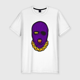 Мужская футболка хлопок Slim с принтом DaBaby Purple Mask в Курске, 92% хлопок, 8% лайкра | приталенный силуэт, круглый вырез ворота, длина до линии бедра, короткий рукав | Тематика изображения на принте: gangster | golden | mask | music | rappers
