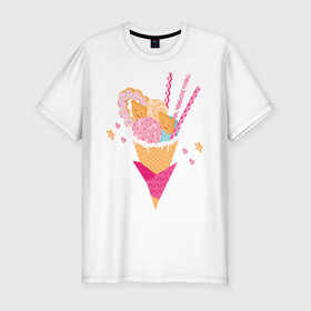 Мужская футболка хлопок Slim с принтом Кавай в Курске, 92% хлопок, 8% лайкра | приталенный силуэт, круглый вырез ворота, длина до линии бедра, короткий рукав | cats | ice cream | japan | kawai | sweets | кавай | коты | мороженное | сладости | япония
