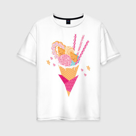 Женская футболка хлопок Oversize с принтом Кавай в Курске, 100% хлопок | свободный крой, круглый ворот, спущенный рукав, длина до линии бедер
 | cats | ice cream | japan | kawai | sweets | кавай | коты | мороженное | сладости | япония