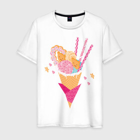 Мужская футболка хлопок с принтом Кавай в Курске, 100% хлопок | прямой крой, круглый вырез горловины, длина до линии бедер, слегка спущенное плечо. | cats | ice cream | japan | kawai | sweets | кавай | коты | мороженное | сладости | япония
