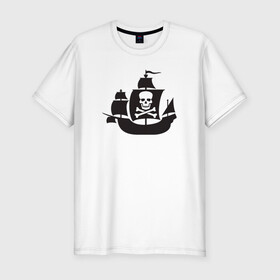 Мужская футболка хлопок Slim с принтом Пиратский корабль в Курске, 92% хлопок, 8% лайкра | приталенный силуэт, круглый вырез ворота, длина до линии бедра, короткий рукав | captain | pirate | pirates | ship | skull | капитан | корабль | пират | череп | штурвал