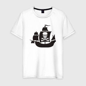 Мужская футболка хлопок с принтом Пиратский корабль в Курске, 100% хлопок | прямой крой, круглый вырез горловины, длина до линии бедер, слегка спущенное плечо. | Тематика изображения на принте: captain | pirate | pirates | ship | skull | капитан | корабль | пират | череп | штурвал