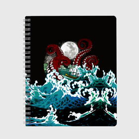 Тетрадь с принтом Корабль на Волнах | Кракен в Курске, 100% бумага | 48 листов, плотность листов — 60 г/м2, плотность картонной обложки — 250 г/м2. Листы скреплены сбоку удобной пружинной спиралью. Уголки страниц и обложки скругленные. Цвет линий — светло-серый
 | animal | beast | kraken | monster | moon | ocean | octopus | sea | ship | water | waves | вода | волны | животные | звери | корабль | кракен | луна | монстр | море | океан | осьминог | рыбы | щупальца