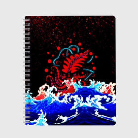 Тетрадь с принтом Кровавый Кракен Монстр в Курске, 100% бумага | 48 листов, плотность листов — 60 г/м2, плотность картонной обложки — 250 г/м2. Листы скреплены сбоку удобной пружинной спиралью. Уголки страниц и обложки скругленные. Цвет линий — светло-серый
 | animal | beast | blood | drops | kraken | monster | ocean | octopus | sea | water | waves | брызги | вода | волны | животные | звери | капли | кракен | кровь | монстр | море | океан | осьминог | рыбы | щупальца