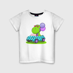 Детская футболка хлопок с принтом Динозаврик в машине в Курске, 100% хлопок | круглый вырез горловины, полуприлегающий силуэт, длина до линии бедер | день рождения | детский | дино | динозаврик | машинка | праздник | шарики