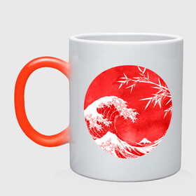 Кружка хамелеон с принтом Волна в Канагаве в Курске, керамика | меняет цвет при нагревании, емкость 330 мл | аниме | бамбук | большая волна в канагаве | волна | красный | солнце | япония