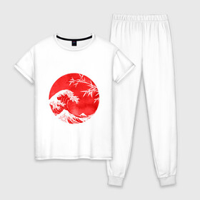 Женская пижама хлопок с принтом Волна в Канагаве в Курске, 100% хлопок | брюки и футболка прямого кроя, без карманов, на брюках мягкая резинка на поясе и по низу штанин | аниме | бамбук | большая волна в канагаве | волна | красный | солнце | япония