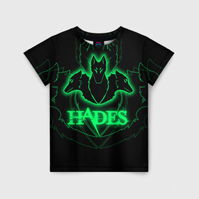 Детская футболка 3D с принтом Hades в Курске, 100% гипоаллергенный полиэфир | прямой крой, круглый вырез горловины, длина до линии бедер, чуть спущенное плечо, ткань немного тянется | hades | roguelike | бесконечные круги ада | волки | зелёные | компьютерная игра | светящиеся | эмблема