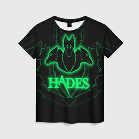 Женская футболка 3D с принтом Hades в Курске, 100% полиэфир ( синтетическое хлопкоподобное полотно) | прямой крой, круглый вырез горловины, длина до линии бедер | hades | roguelike | бесконечные круги ада | волки | зелёные | компьютерная игра | светящиеся | эмблема