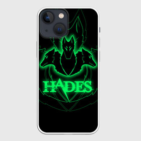 Чехол для iPhone 13 mini с принтом Hades в Курске,  |  | hades | roguelike | бесконечные круги ада | волки | зелёные | компьютерная игра | светящиеся | эмблема