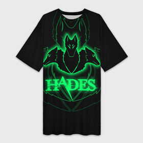 Платье-футболка 3D с принтом Hades в Курске,  |  | Тематика изображения на принте: hades | roguelike | бесконечные круги ада | волки | зелёные | компьютерная игра | светящиеся | эмблема