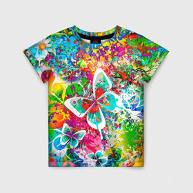 Детская футболка 3D с принтом ЯРКИЕ КРАСКИ в Курске, 100% гипоаллергенный полиэфир | прямой крой, круглый вырез горловины, длина до линии бедер, чуть спущенное плечо, ткань немного тянется | butterfly | color | flower | rainbow | summer | бабочки | брызги | краски | лето | радуга | цвета | цветы