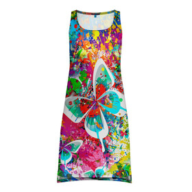 Платье-майка 3D с принтом ЯРКИЕ КРАСКИ в Курске, 100% полиэстер | полуприлегающий силуэт, широкие бретели, круглый вырез горловины, удлиненный подол сзади. | butterfly | color | flower | rainbow | summer | бабочки | брызги | краски | лето | радуга | цвета | цветы