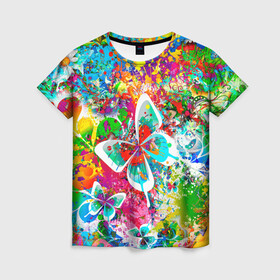 Женская футболка 3D с принтом ЯРКИЕ КРАСКИ в Курске, 100% полиэфир ( синтетическое хлопкоподобное полотно) | прямой крой, круглый вырез горловины, длина до линии бедер | butterfly | color | flower | rainbow | summer | бабочки | брызги | краски | лето | радуга | цвета | цветы
