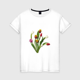 Женская футболка хлопок с принтом Букет разноцветных тюльпанов в Курске, 100% хлопок | прямой крой, круглый вырез горловины, длина до линии бедер, слегка спущенное плечо | букет | иллюстрации | лето | популярные | тренды | тюльпаны | цветы