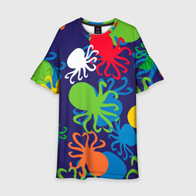 Детское платье 3D с принтом Осьминоги в Курске, 100% полиэстер | прямой силуэт, чуть расширенный к низу. Круглая горловина, на рукавах — воланы | Тематика изображения на принте: cute | octopus | милый | морское | осьминог | осьминожка | паттерн | тентакли | щупальца
