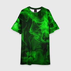 Детское платье 3D с принтом Неоновый дым (зеленый) в Курске, 100% полиэстер | прямой силуэт, чуть расширенный к низу. Круглая горловина, на рукавах — воланы | Тематика изображения на принте: smoke | дым | импарение | неон | смог