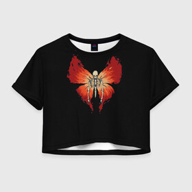 Женская футболка Crop-top 3D с принтом Butterfly Skeleton в Курске, 100% полиэстер | круглая горловина, длина футболки до линии талии, рукава с отворотами | bones | butterfly | chitin | fire | flame | orange | red | ribs | ridge | skeleton | skull | wings | бабочка | кости | красный | крылья | огонь | оранжевый | пламя | ребра | скелет | хитин | хребет | череп